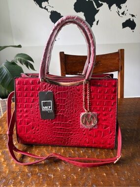MKF Collection Red Croc-Embossed Satchel with Chain Charm